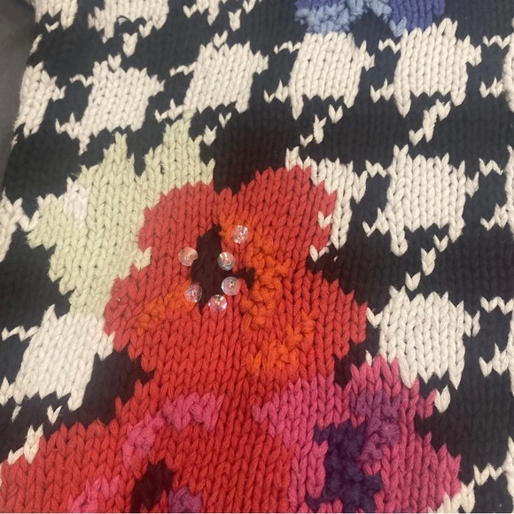 Vintage 80s Principles Petite Cotton Sweater Black & White Floral Medium - Picture 4 of 16